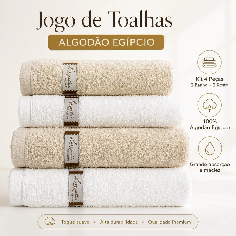 Jogo de Toalhas Algodão Egípcio 4 Peças (2 Banho + 2 Rosto) Kit de Toalhas Grande Absorção Maciez