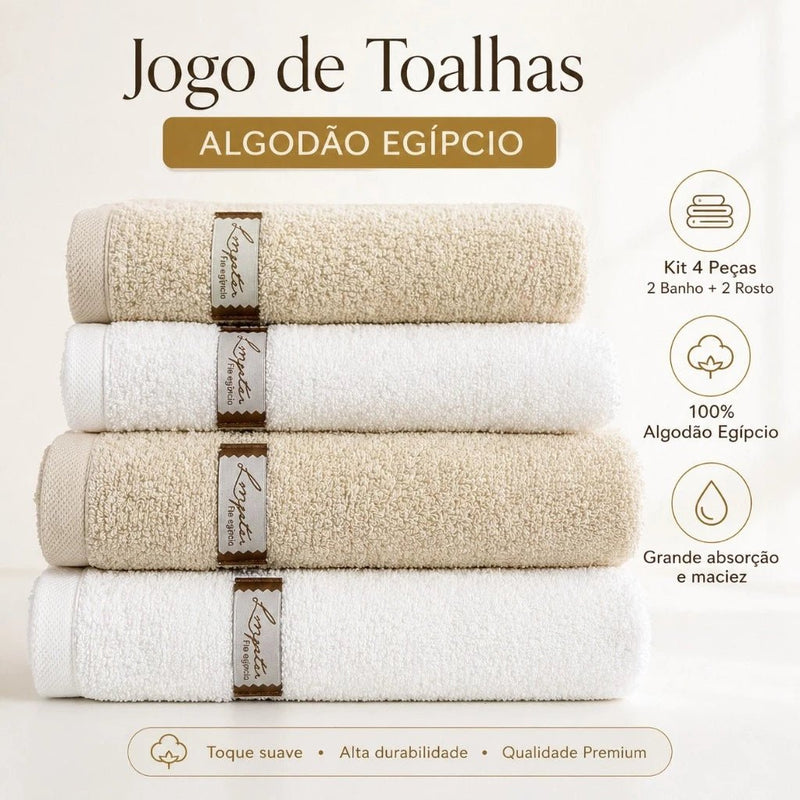 Jogo de Toalhas Algodão Egípcio 4 Peças (2 Banho + 2 Rosto) Kit de Toalhas Grande Absorção Maciez - Donatella Casa